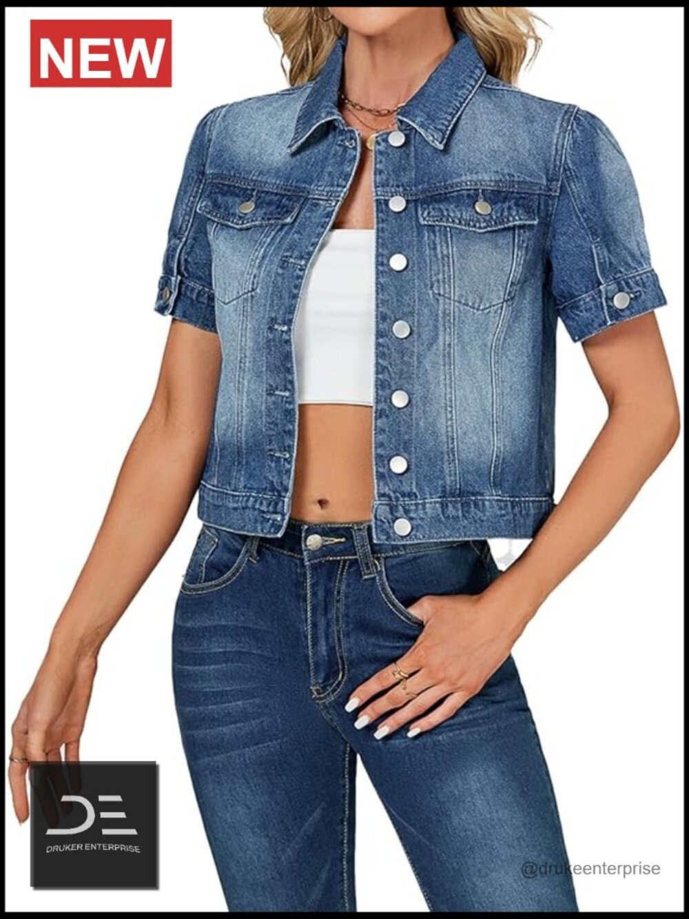 Short Sleeve Denim Jacket for Women Cropped Puff Jean Jacket Summer Crop